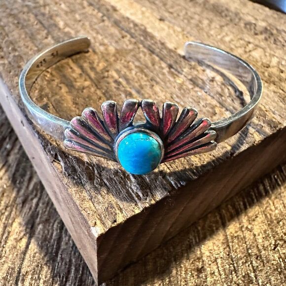 Turquoise Blessing Cuff Bracelet - Authentic Sterling Silver & Native American - Picture 1 of 15